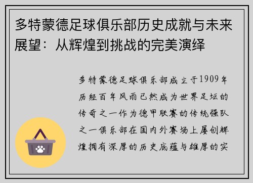 多特蒙德足球俱乐部历史成就与未来展望：从辉煌到挑战的完美演绎