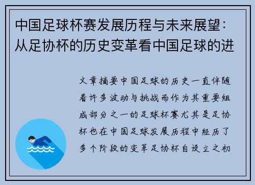 中国足球杯赛发展历程与未来展望：从足协杯的历史变革看中国足球的进步与挑战
