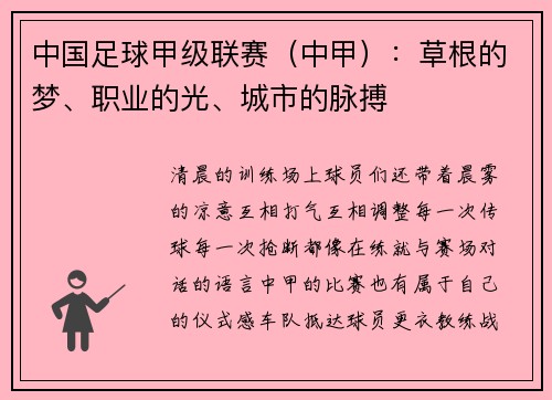 中国足球甲级联赛（中甲）：草根的梦、职业的光、城市的脉搏